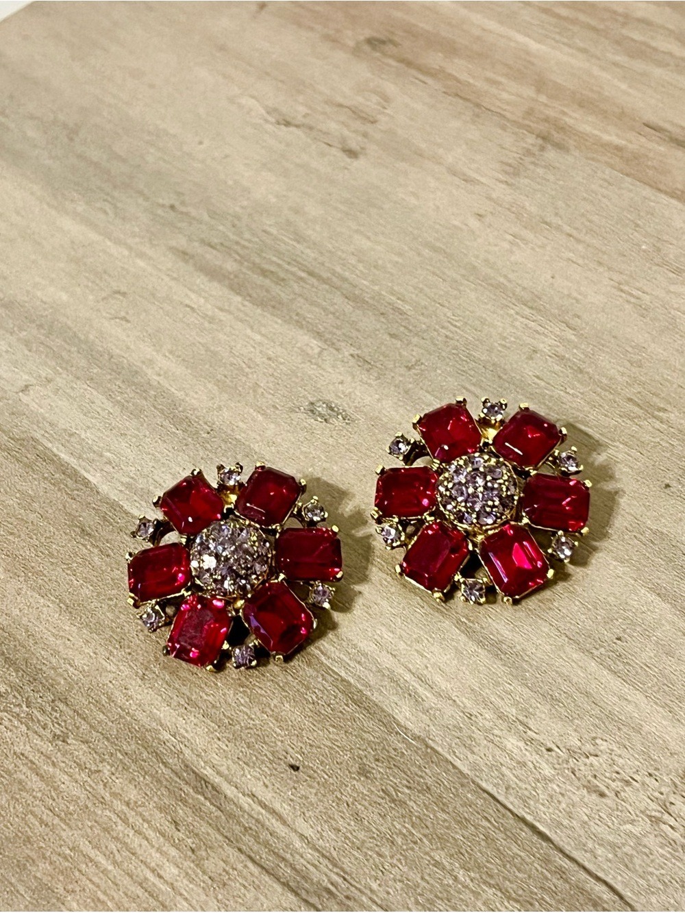 Vintage Thelma Deutsch Red Rhinestone Flower Clip On Earrings Signed 1980s 80s